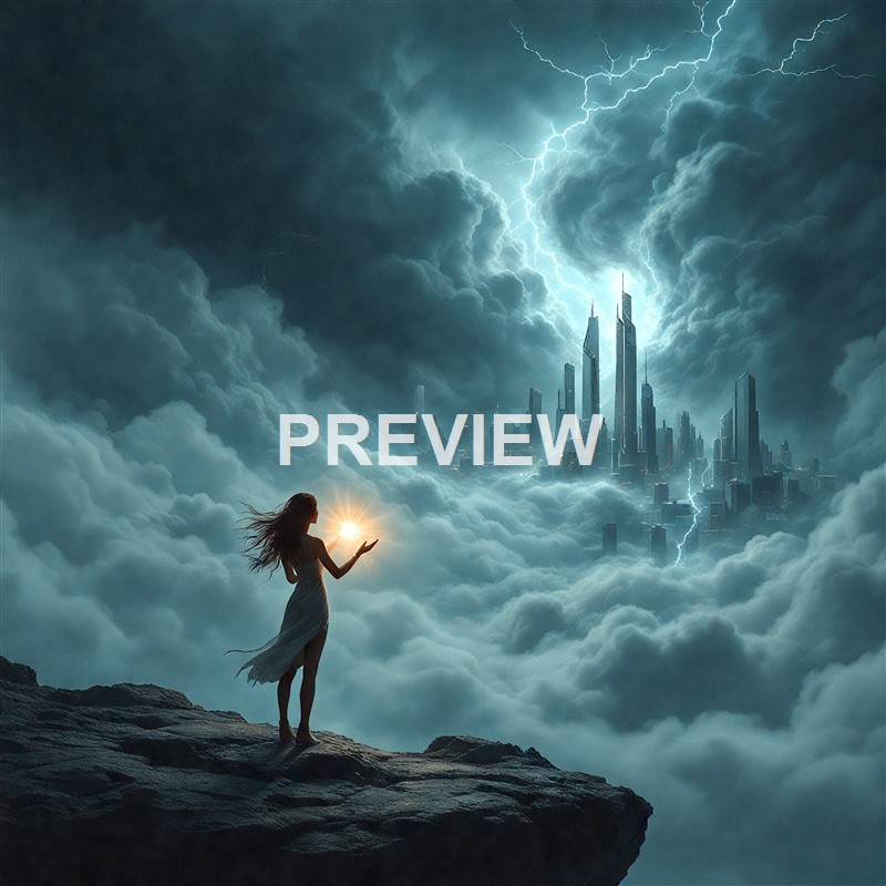 A woman stands on a rocky ledge in a flowing dress, holding a glowing light in her hand, with a futuristic city skyline and lightning-filled storm clouds in the background.